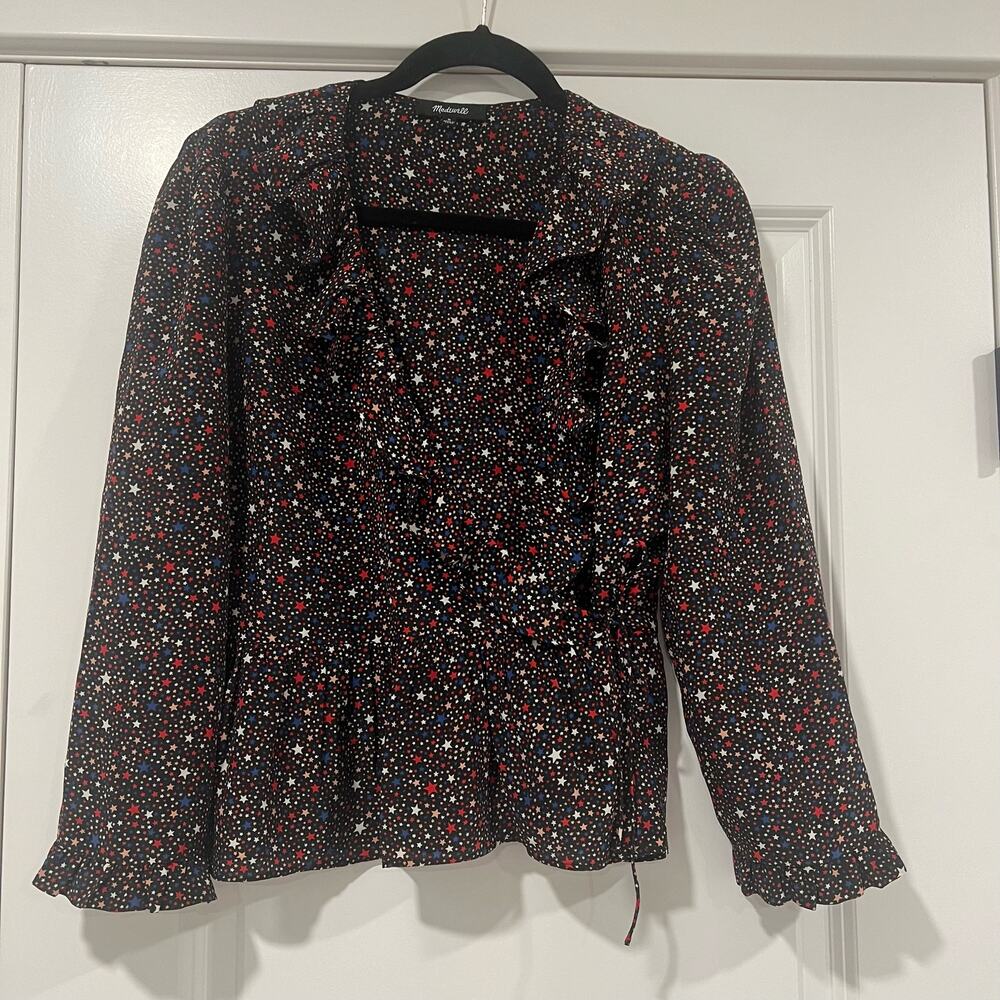 Madewell Women's Black Red White Blue Stars Silk Ruffle‎ Blouse Medium